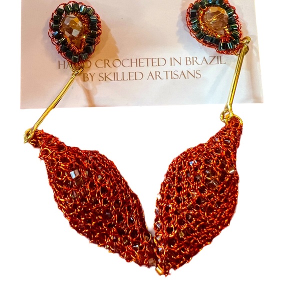 Lavish NWT Rust & Gold Tone Hand Crocheted Beaded Drop Post Earrings (J055) - Picture 7 of 9